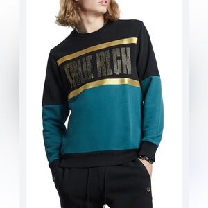 True Religion Size M Black and Blue Crewneck Sweater with Gold Accents